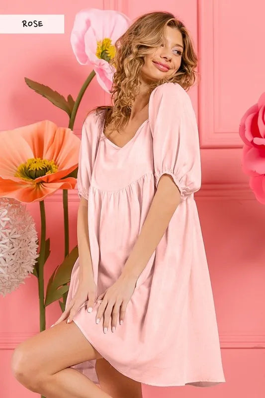 Washed Linen Tiered Midi Dress with Puff Sleeves - Rose - product view 1