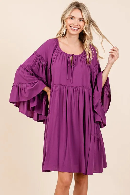 Frill Tie Neck Bell Sleeve Dress - Red-Violet - product view 3