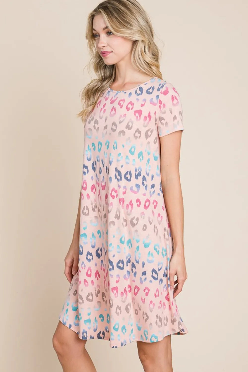 Leopard Round Neck Short Sleeve Dress in Blush - product view 3