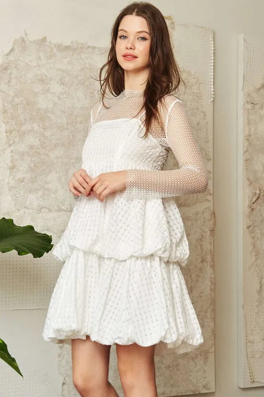 Checker Print Side Pockets Textured Mini Dress in White - product view 5