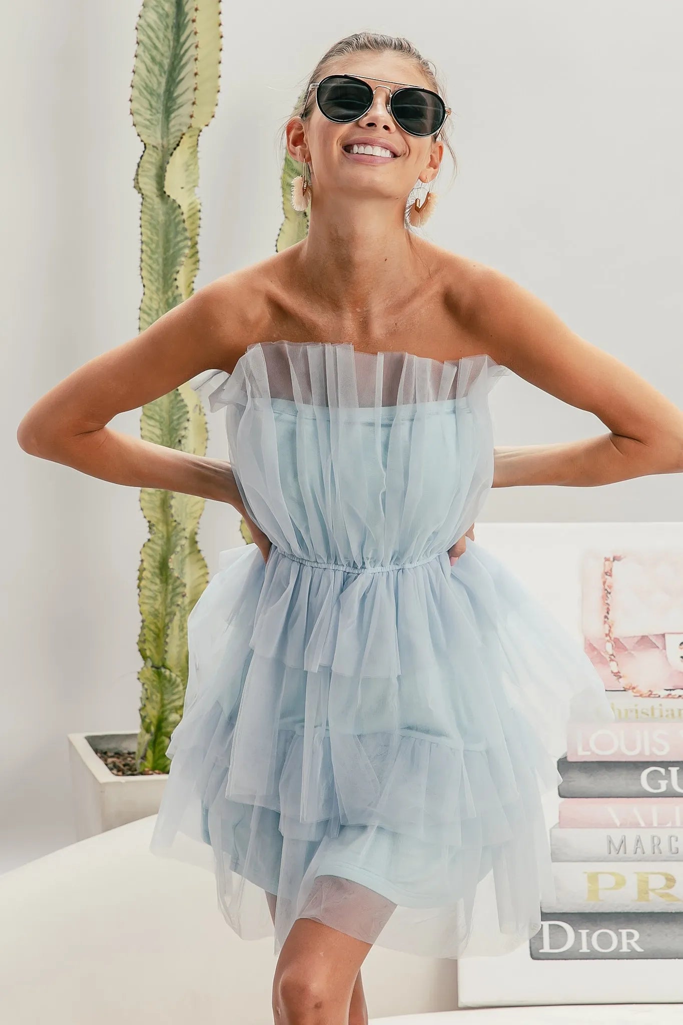 Sleeveless Layered Organza Dress in Sky Blue - product view 6