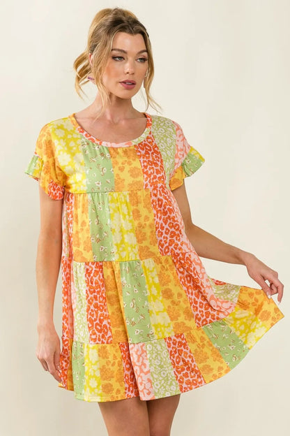 Leopard Short Sleeve Tiered Dress - Orange/Lime - product view 4