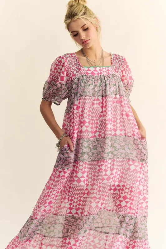 Multi Floral Square Neck Puff Sleeve Maxi Dress in Indian Pink - product view 7
