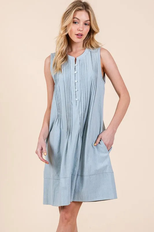 Denim Pintuck Detail Sleeveless Midi Dress in Lt Denim - product view 10