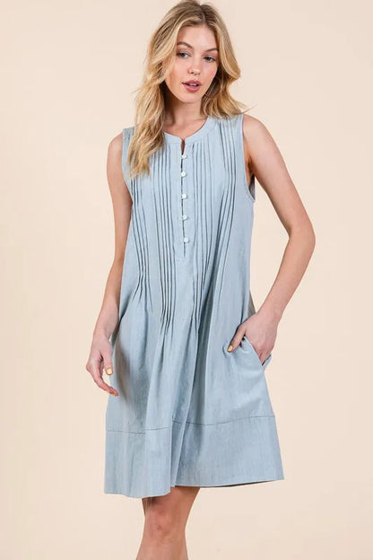 Denim Pintuck Detail Sleeveless Midi Dress in Lt Denim - product view 10