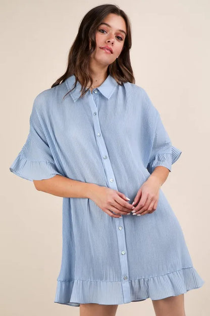 Pleated Detail Button Down Mini Dress - Sky - product view 2