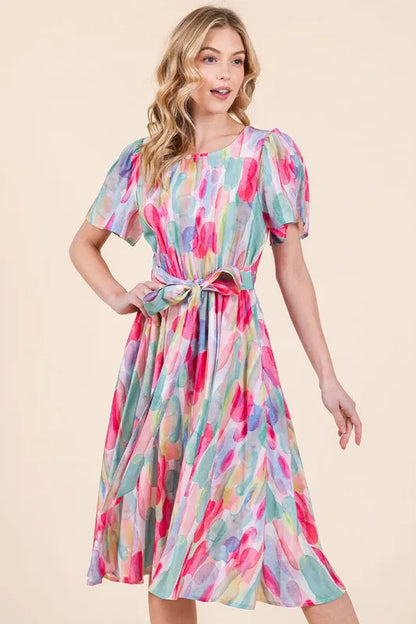 Watercolor Print Tie Front Midi Dress - Pink Combo - product view 2