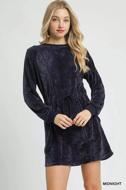Velour Drawstring Mini Dress with Long Sleeves - Midnight - product view 1