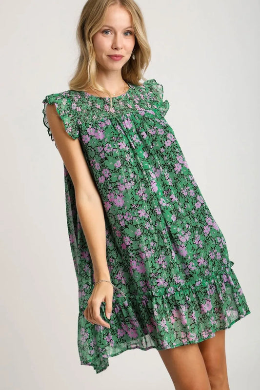 Full Size Smocked Detail Floral Metallic Ruffle Cap Sleeve Dress Plus Size - Dark Green - product view 1