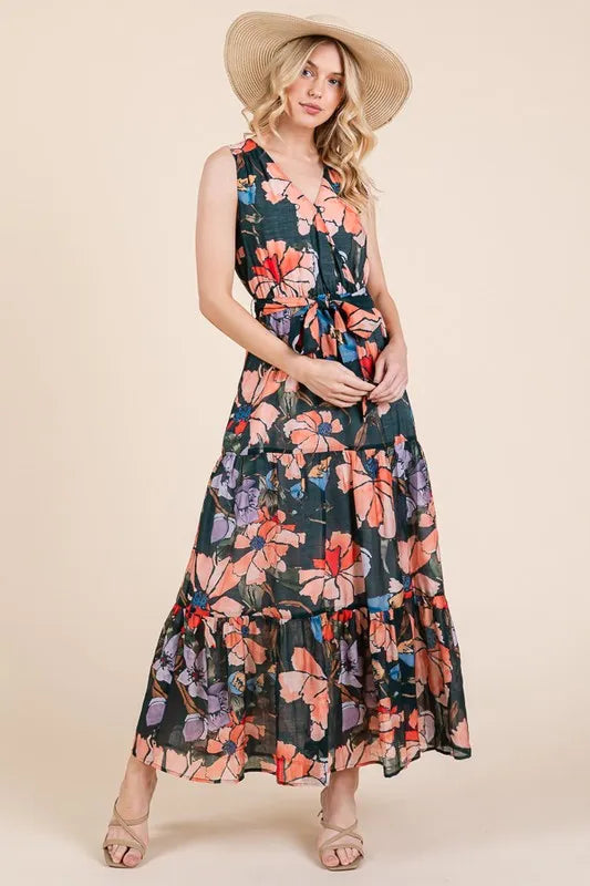 Floral Print Sleeveless Tie Waist Maxi Dress in Multi - product view 5