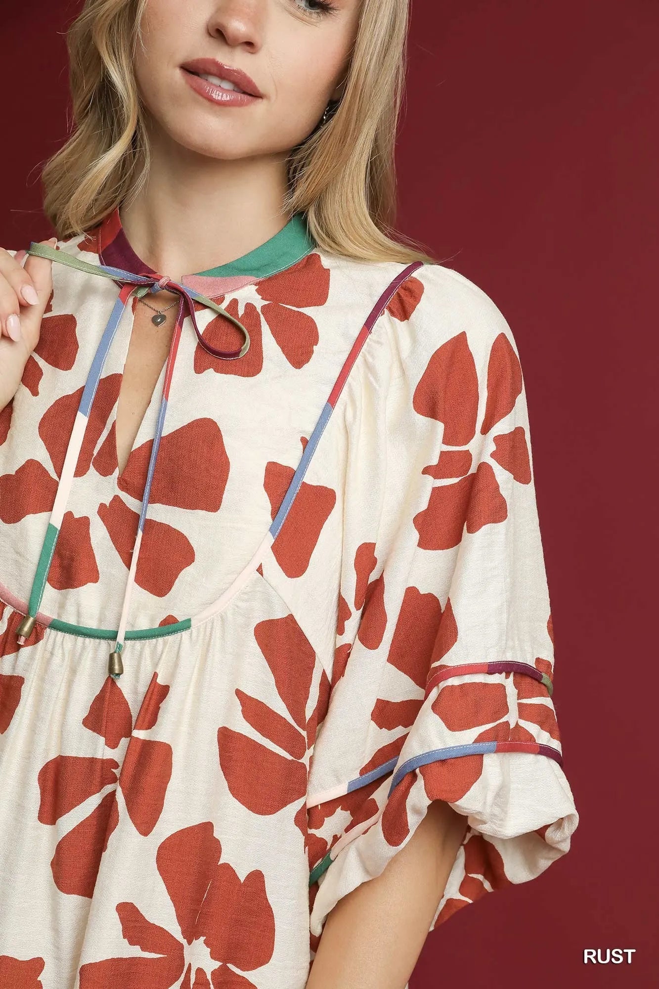 Two Tone Floral Tie-Neck Babydoll Dress in Rust - product view 5