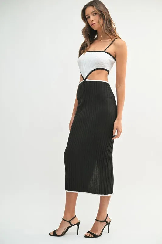 Ribbed Knit Color Block Cutout Midi Dress - Black - product view 7