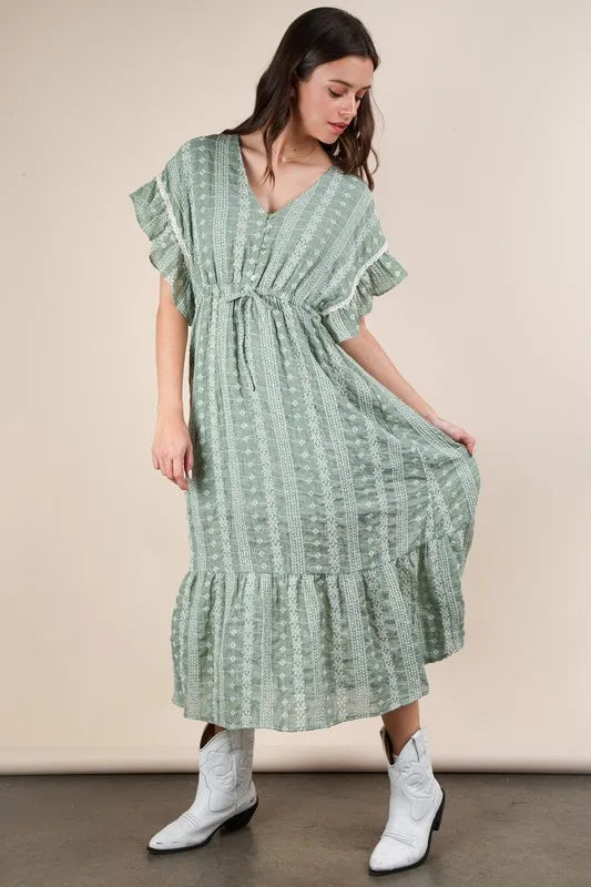 Embroidered Boho Ruffled Midi Dress - Sage - product view 5