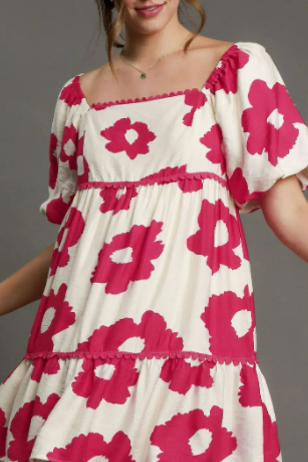 Full Size Contrast Floral Short Sleeve Mini Dress Plus Size in Deep Rose - product view 2