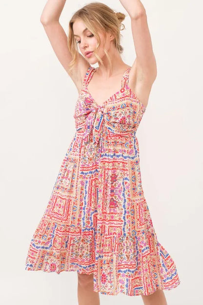 Tied Front Smocked Back Tiered Boho Printed Dress in Red Multi - product view 1