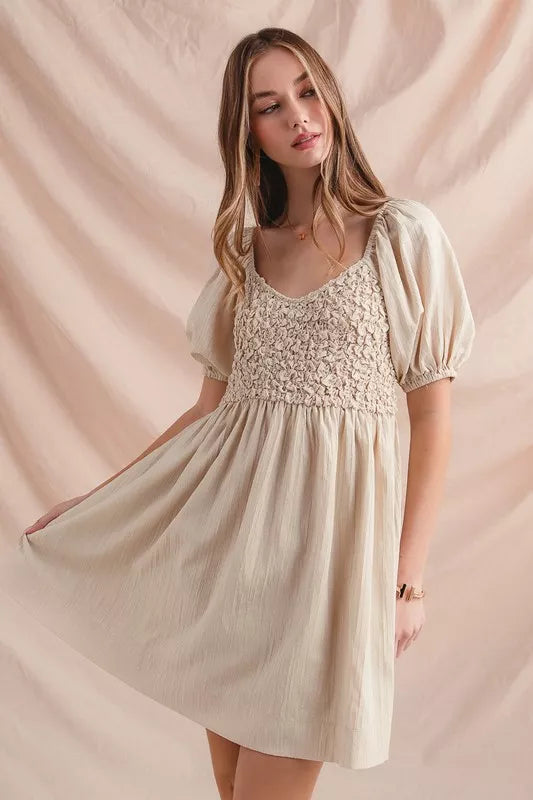 Textured Woven Daily Dress with Puff Sleeves in Dusty Pink - product view 2