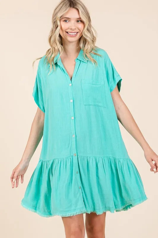 Linen Blend Button Down Shirt Mini Dress in Aqua - product view 1