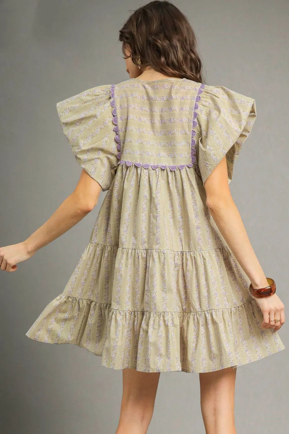 Floral Ruffled Cap Sleeve Tiered Mini Dress - Sage - product view 3
