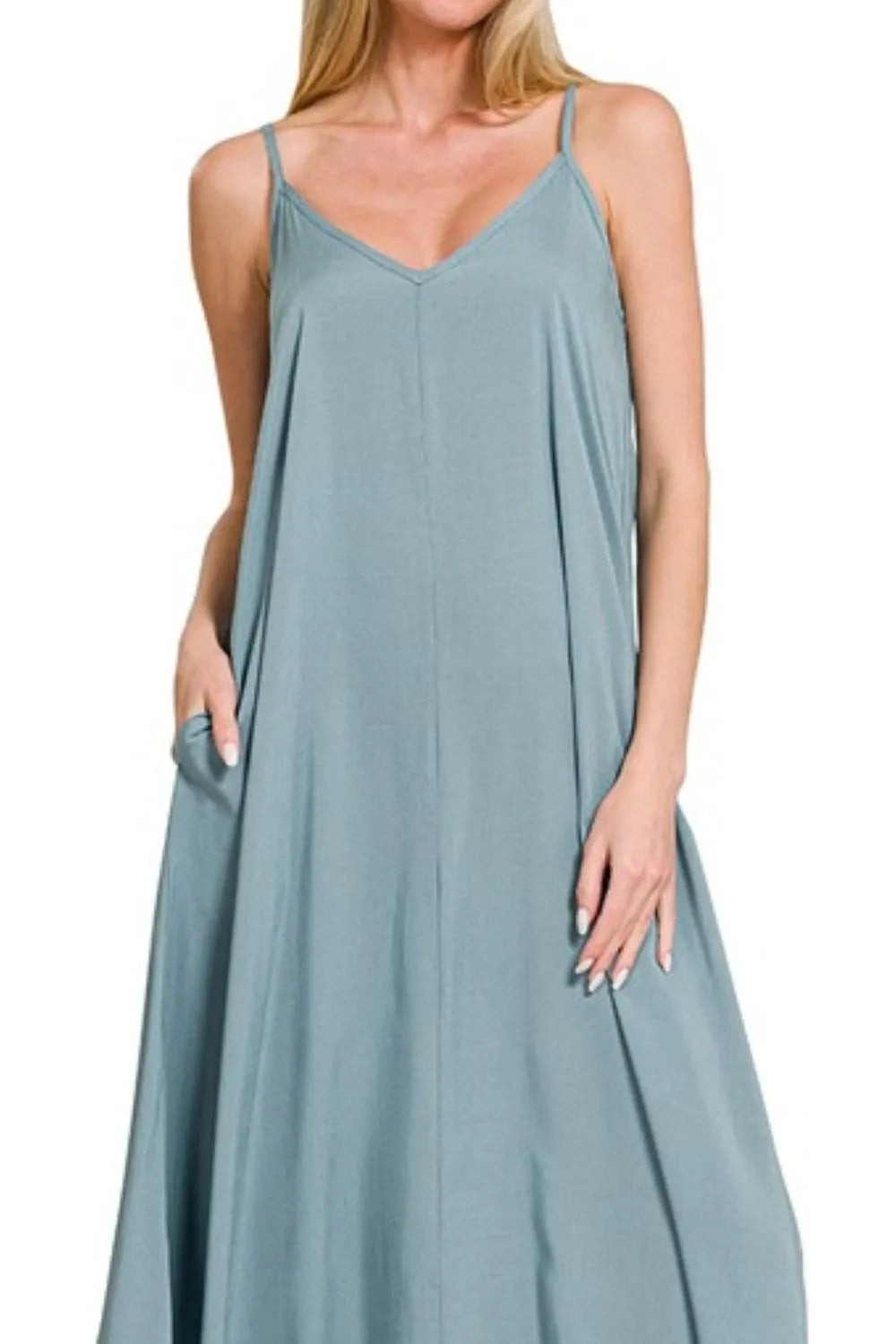 Woven Arc Hem Cami Dress With Flowy Pockets - Blue Grey - product view 2