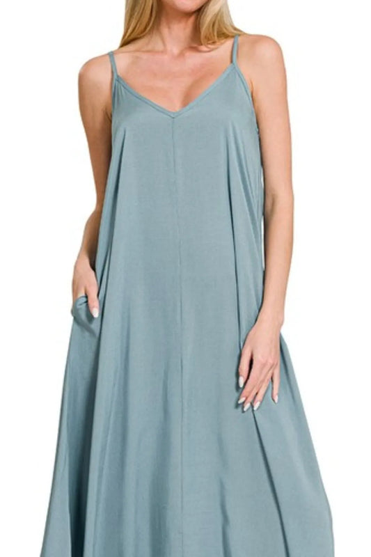 Woven Arc Hem Cami Dress With Flowy Pockets - Blue Grey - product view 2