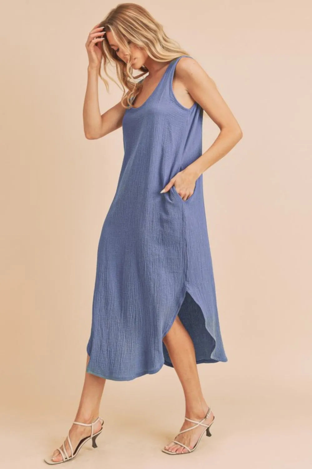 Round Neck Midi Tank Dress with Pockets - Dusty Blue - product view 2