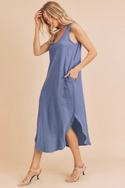 Round Neck Midi Tank Dress with Pockets - Dusty Blue - product view 2