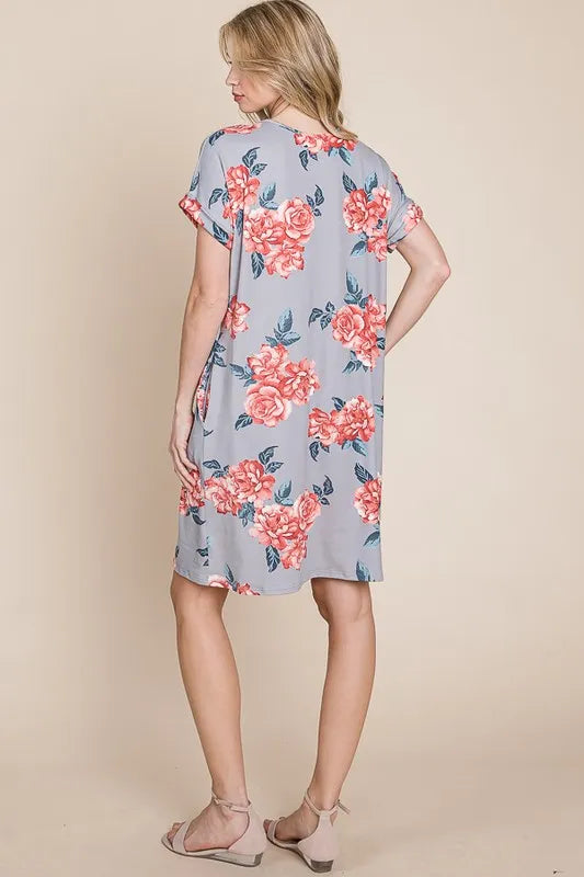 Floral Round Neck Short Tee Dress with Pockets - Grey - product view 5