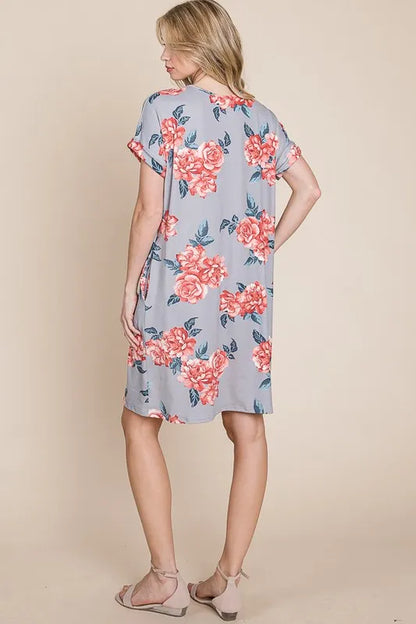 Floral Round Neck Short Tee Dress with Pockets - Grey - product view 5