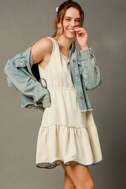 Frill Drawstring Waist Round Neck Mini Tank Dress - Cream - product view 1