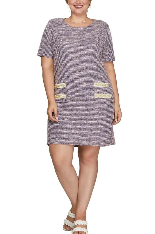 Full Size Short Sleeve Pearl Studded Trim Knit Tweed Dress Plus Size - Lilac - product view 4