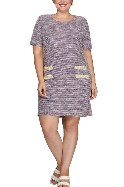 Full Size Short Sleeve Pearl Studded Trim Knit Tweed Dress Plus Size - Lilac - product view 4