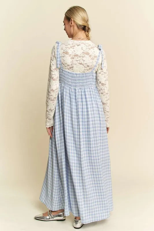 Plaid Smocking Sleeveless Maxi Dress in Blue - product view 3