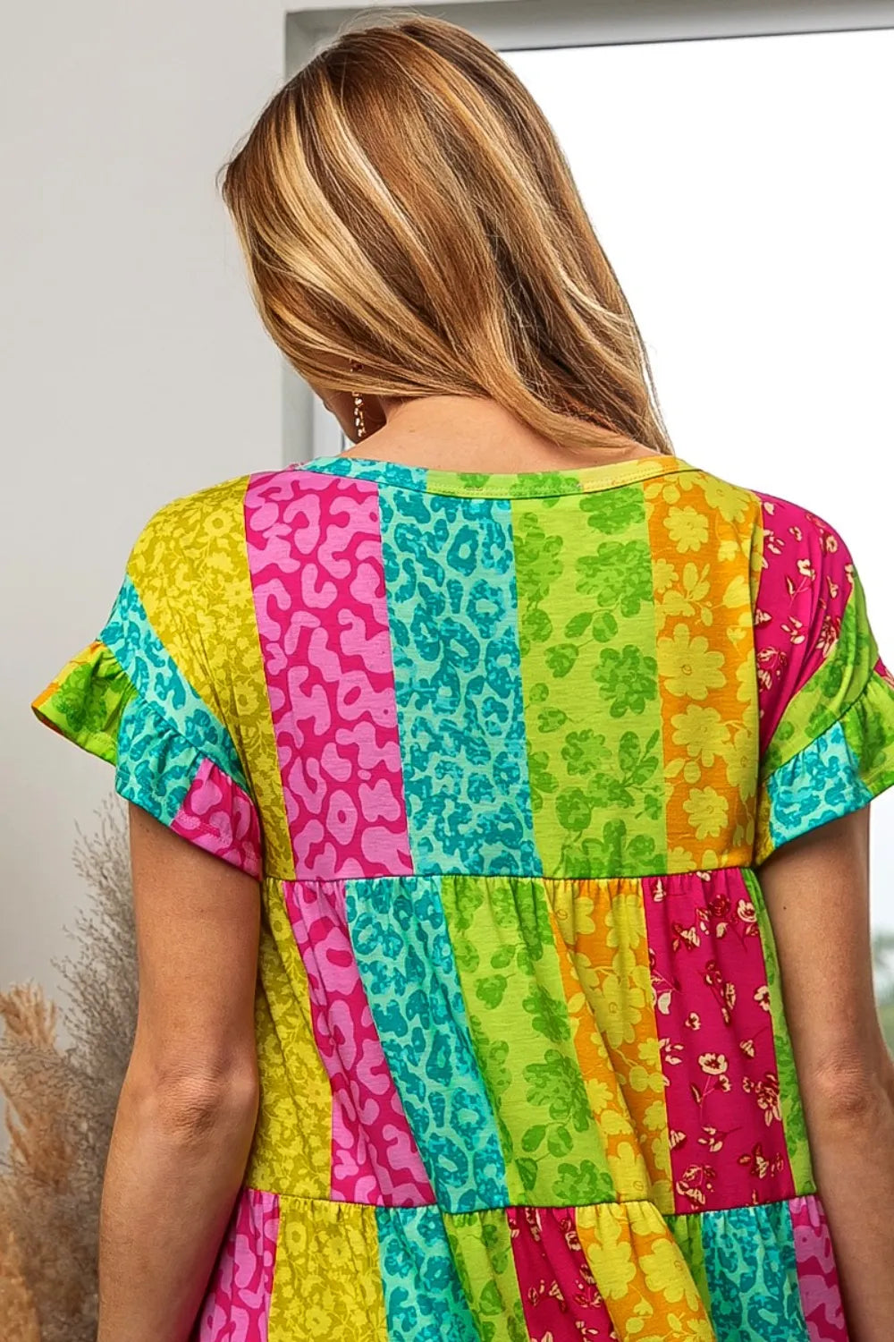 Leopard Short Sleeve Tiered Dress - Fuchsia/Neon Green - product view 2