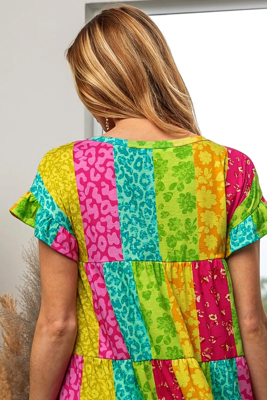 Leopard Short Sleeve Tiered Dress - Fuchsia/Neon Green - product view 2