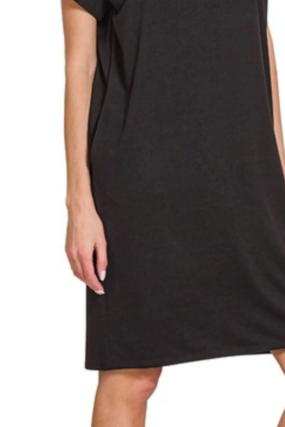 Rolled Short Sleeve Round Neck Dress - Black - product view 3
