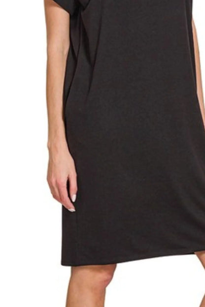 Rolled Short Sleeve Round Neck Dress - Black - product view 3