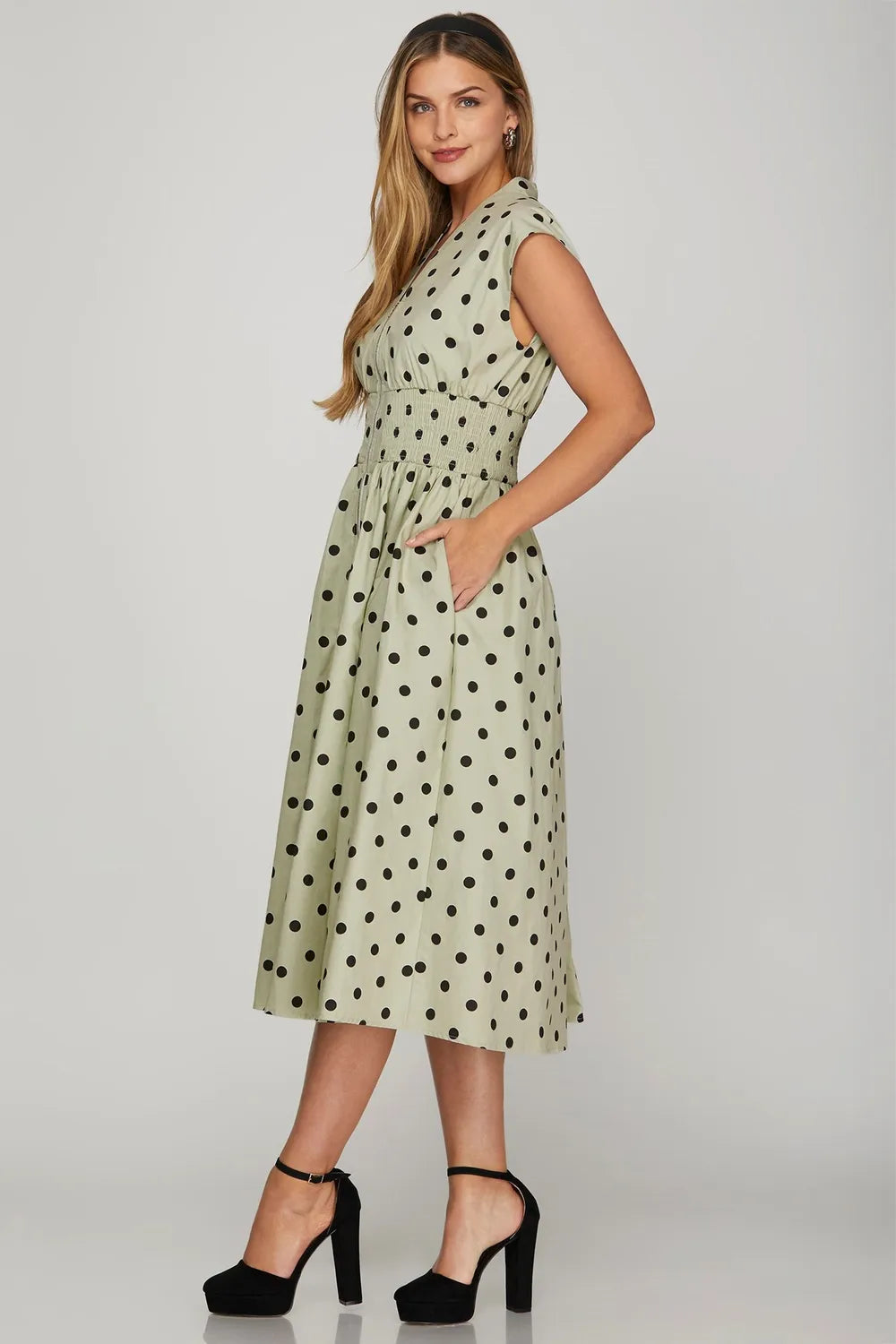 Front Zip Polka Dots Cap Sleeve Midi Dress - Sage - product view 3