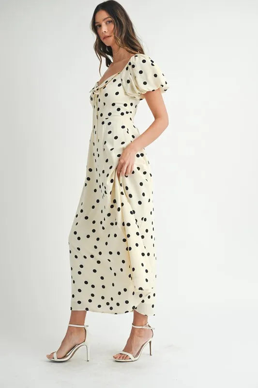 Polka Dot Puff Sleeve Midi Dress - Cream - product view 6