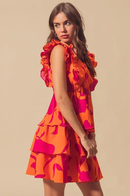Floral V Neck Layered Dress with Elasticized Waist in Orange/Fuchsia - product view 17