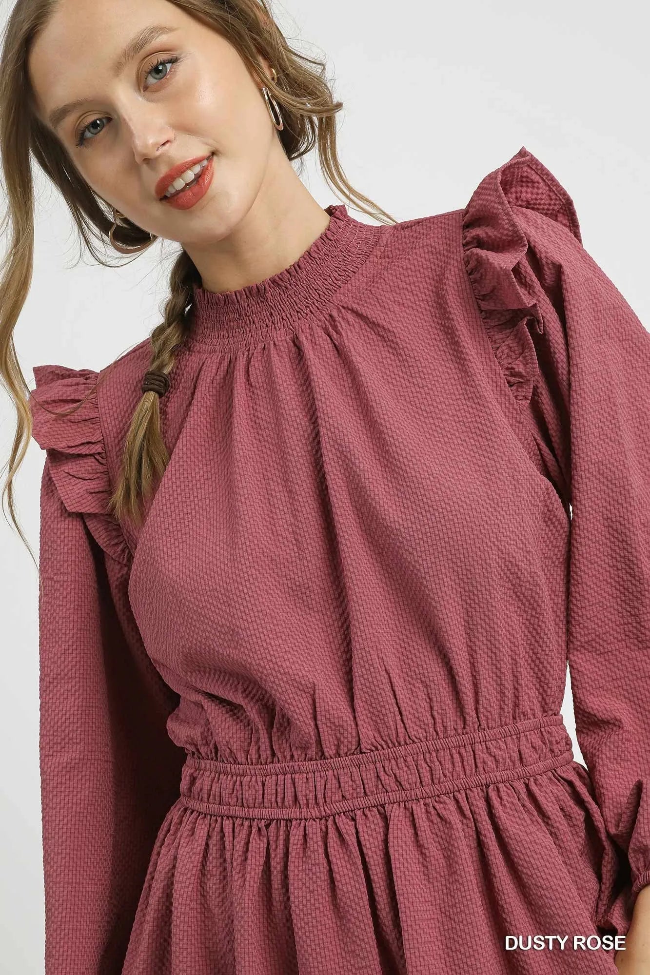 Textured Midi Dress with Ruffle Shoulder Detail - Dusty Rose - product view 6