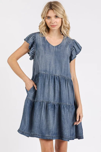 V-Neck Ruffled Cap Sleeve Mini Dress in Dk Denim - product view 1