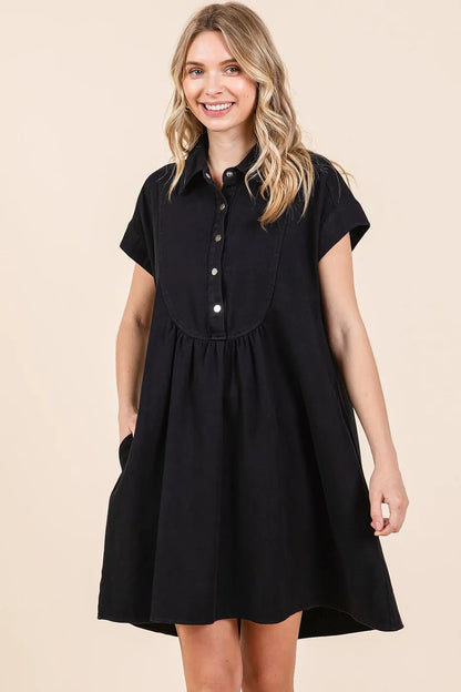 Twill Short Sleeve Collared Mini Dress - Black - product view 2