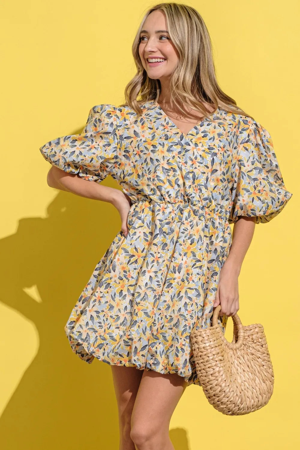 Full Size Floral Surplice Puff Sleeve Dress - Yellow Multi - product view 4