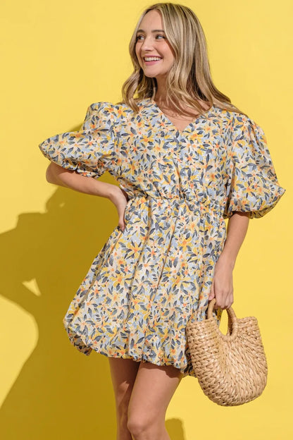 Full Size Floral Surplice Puff Sleeve Dress - Yellow Multi - product view 4
