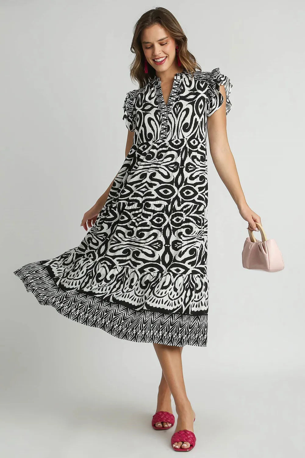 Full Size Two Tone Border Print Ruffle Cap Sleeve Midi Dress Plus Size - Black - product view 4
