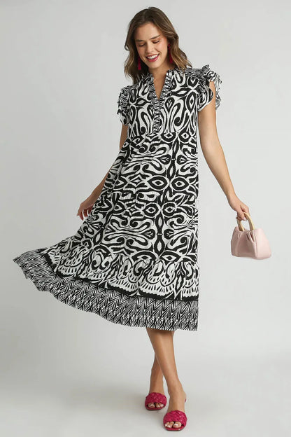 Full Size Two Tone Border Print Ruffle Cap Sleeve Midi Dress Plus Size - Black - product view 4