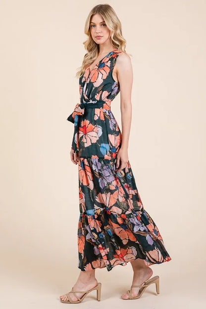 Floral Print Sleeveless Tie Waist Maxi Dress in Multi - product view 10