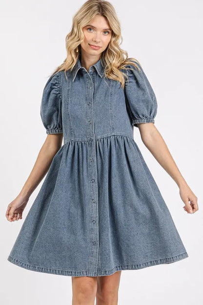 Button Down Puff Sleeve Denim Dress - product view 3