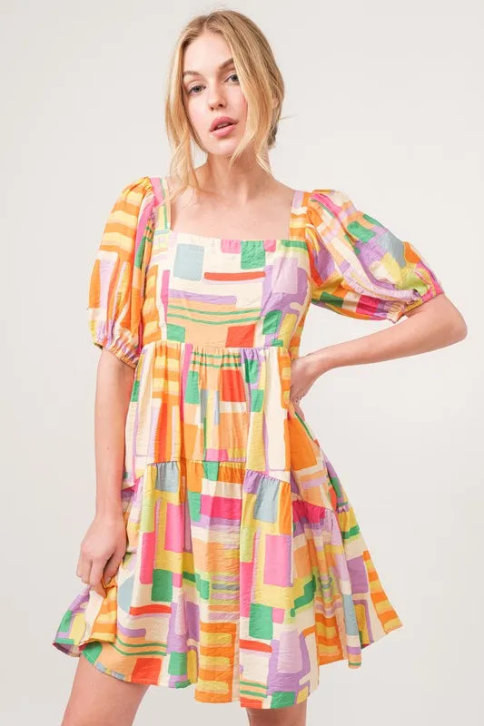 Square Neck Puff Sleeve Geo Printed Mini Dress in Yellow Multi - product view 4