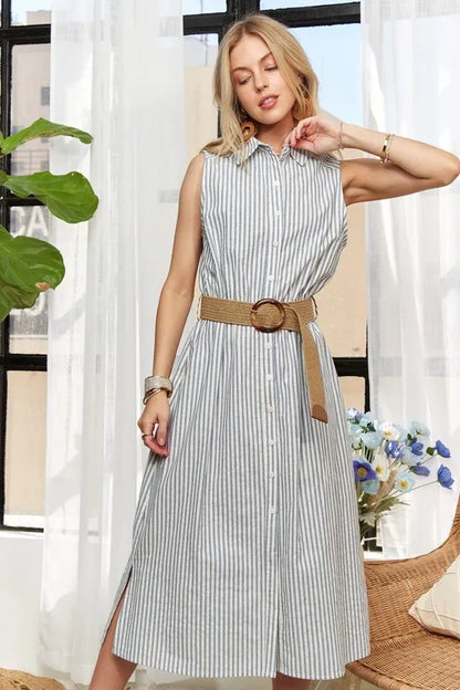 Striped Button Down Sleeveless Midi Dress - Air Force Blue - product view 3
